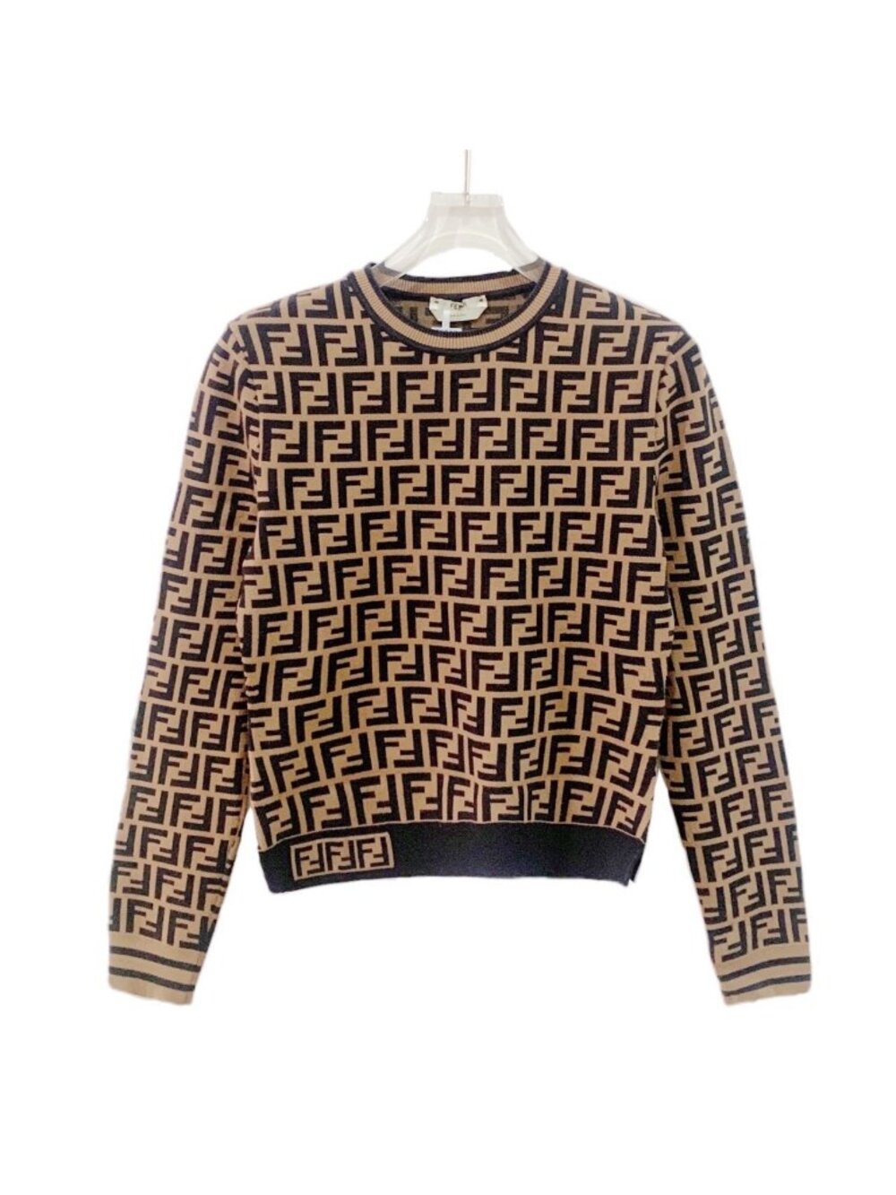 Fendi Dark Brown FF Logo All-Over Print Crew Neck Long-Sleeve Knit Sweater